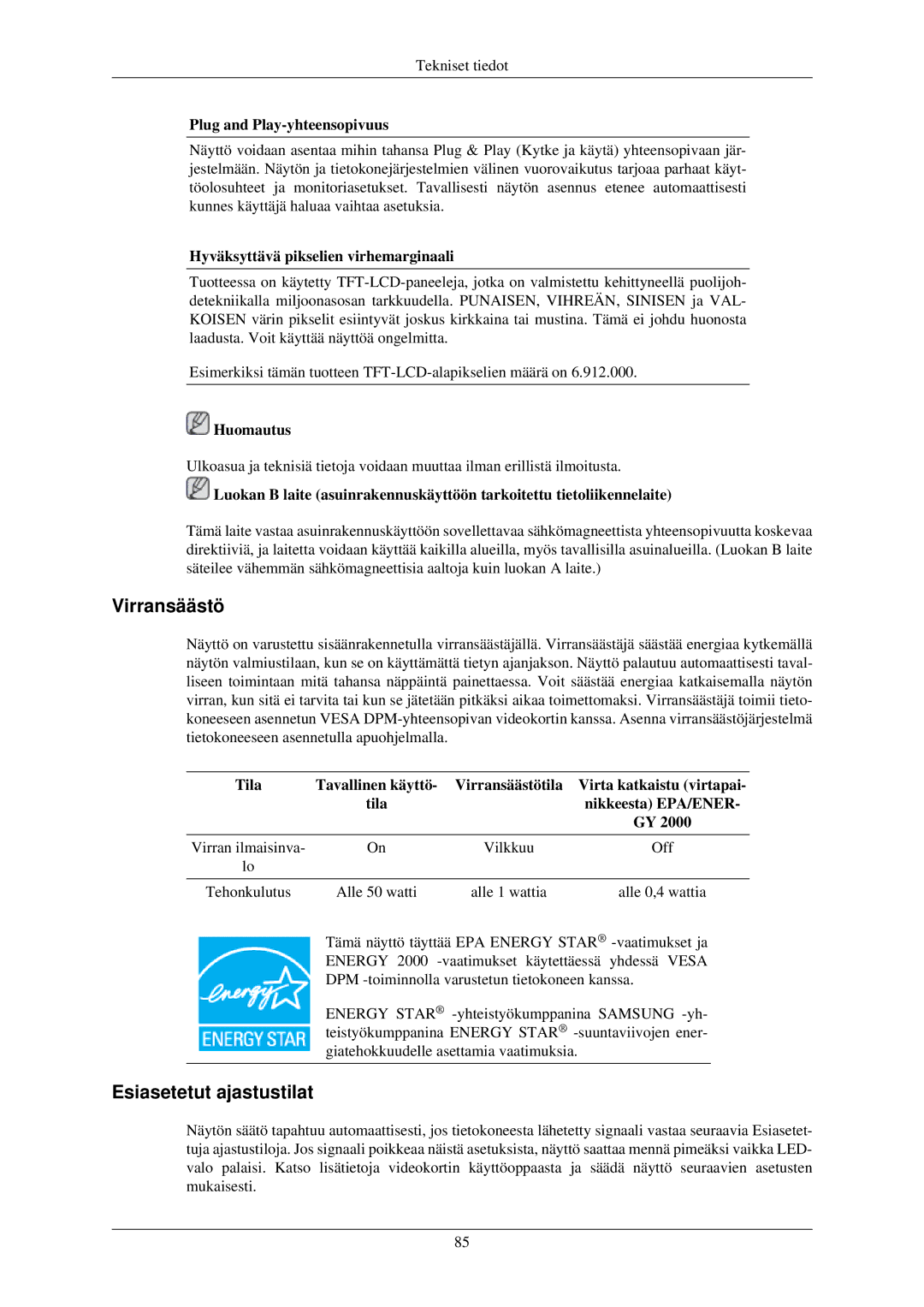 Samsung LS24MYKDSC/EDC, LS24MYKDSCA/EN manual Virransäästö 