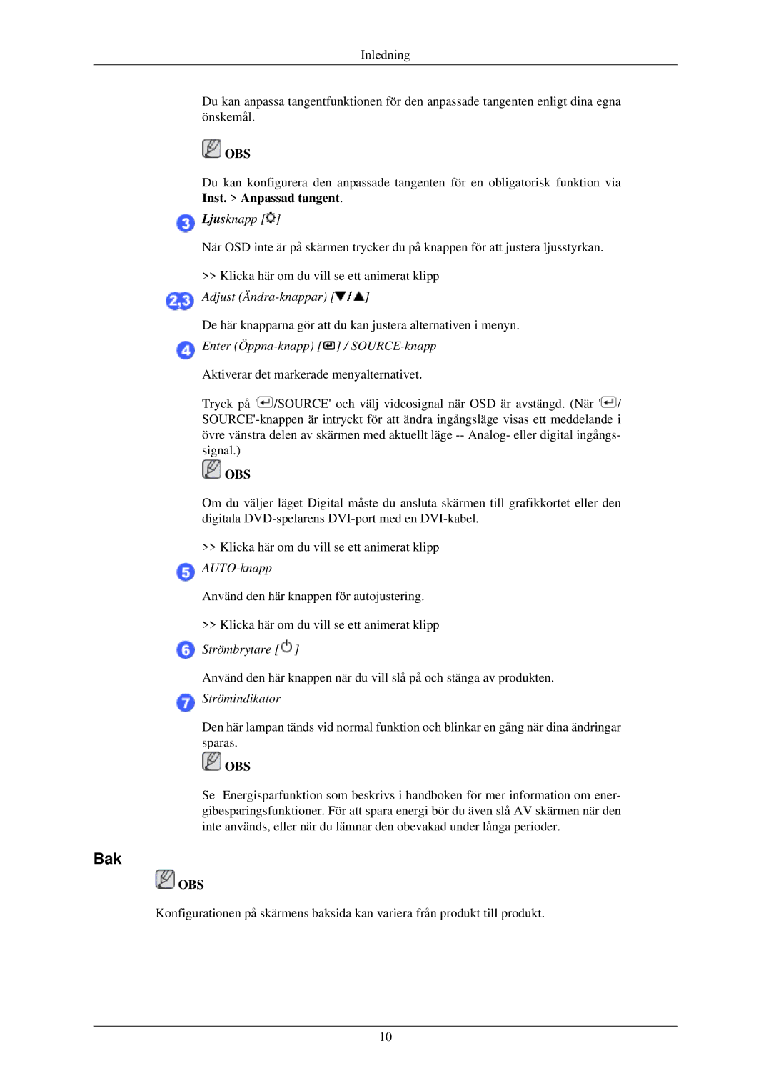 Samsung LS24MYKDSCA/EN, LS24MYKDSC/EDC manual Bak, Ljusknapp 