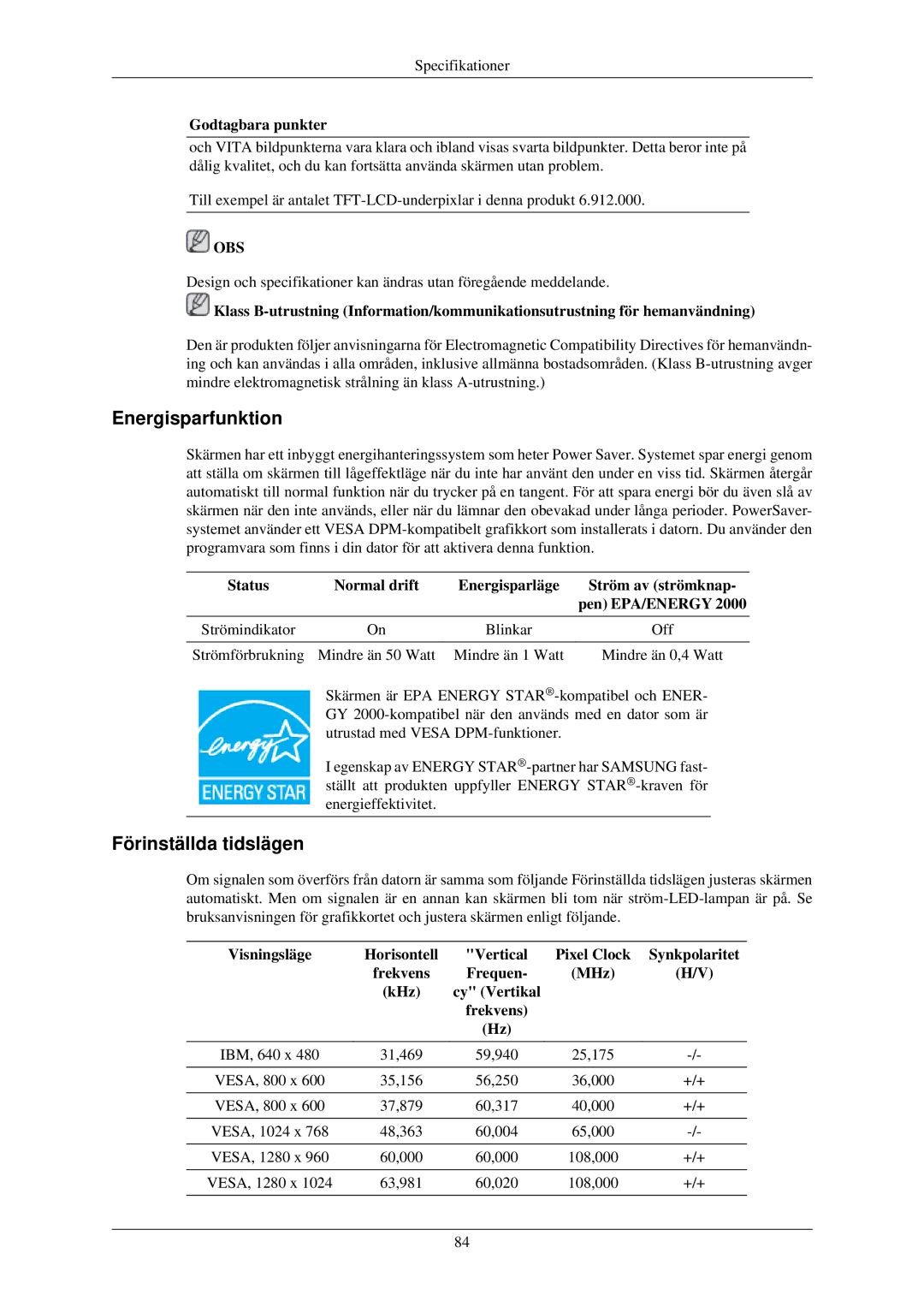 Samsung LS24MYKDSCA/EN, LS24MYKDSC/EDC manual Energisparfunktion 