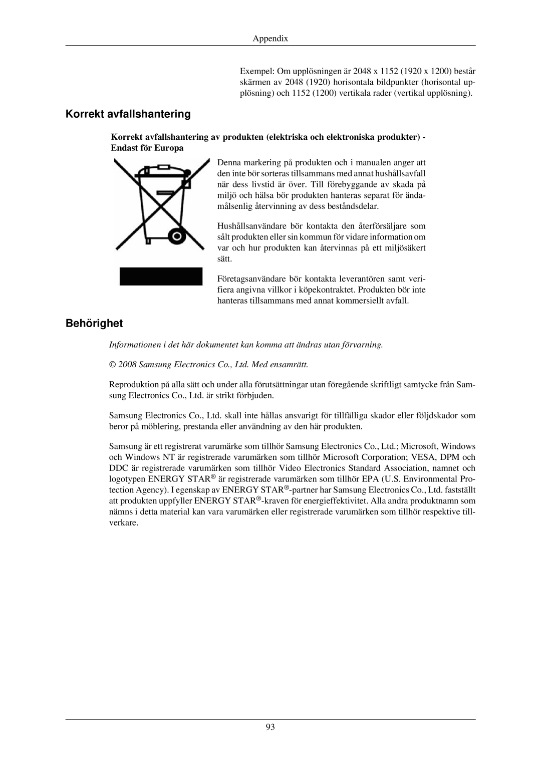 Samsung LS24MYKDSC/EDC, LS24MYKDSCA/EN manual Korrekt avfallshantering, Behörighet 