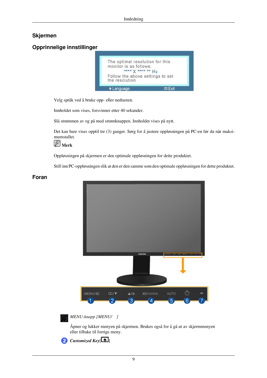 Samsung LS24MYKDSC/EDC, LS24MYKDSCA/EN manual Skjermen Opprinnelige innstillinger, Foran 