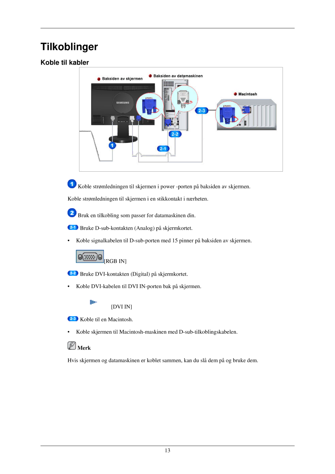 Samsung LS24MYKDSC/EDC, LS24MYKDSCA/EN manual Tilkoblinger, Koble til kabler 