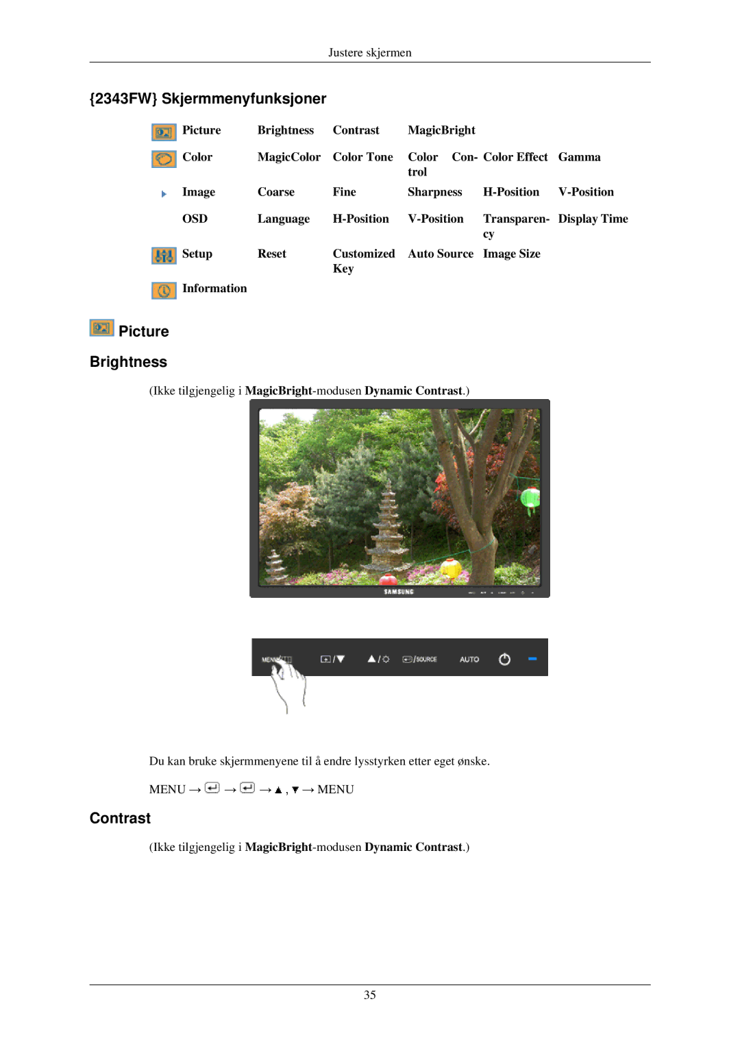Samsung LS24MYKDSC/EDC, LS24MYKDSCA/EN manual 2343FW Skjermmenyfunksjoner, Picture Brightness, Contrast 