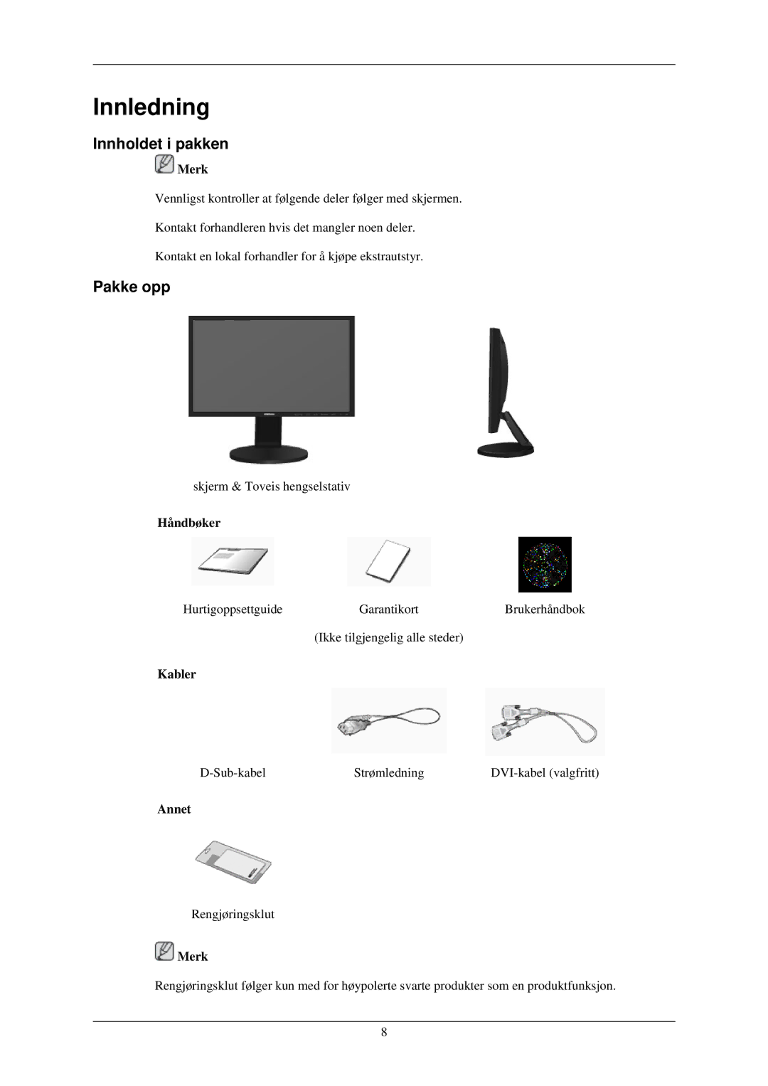 Samsung LS24MYKDSCA/EN, LS24MYKDSC/EDC manual Innledning, Innholdet i pakken, Pakke opp 