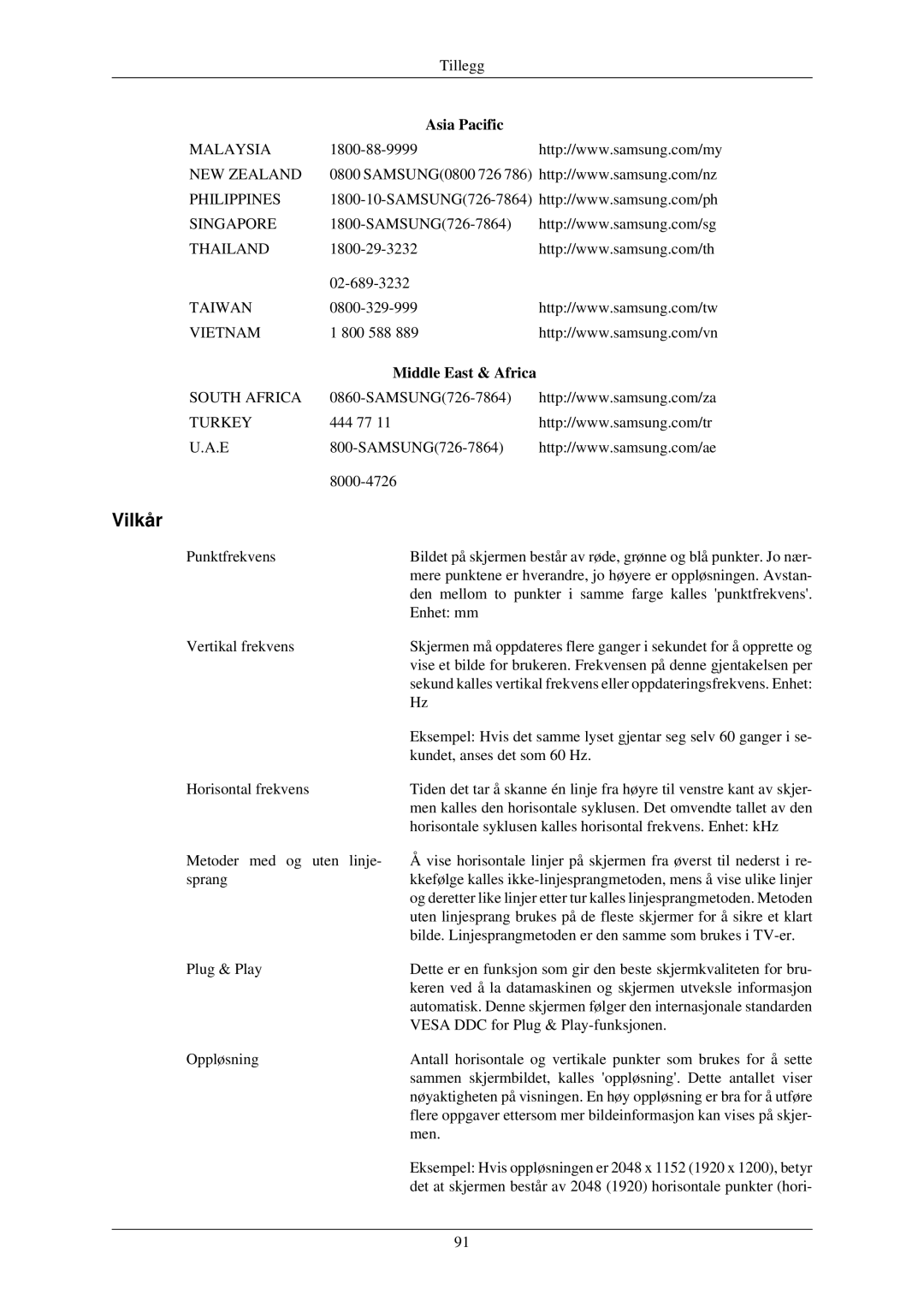 Samsung LS24MYKDSC/EDC, LS24MYKDSCA/EN manual Vilkår, Middle East & Africa 