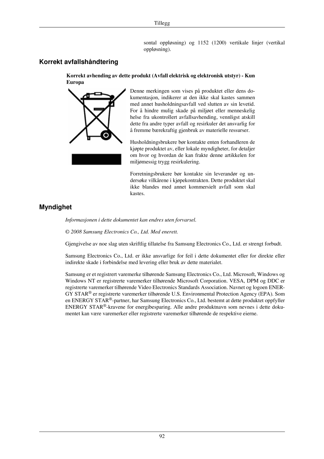 Samsung LS24MYKDSCA/EN, LS24MYKDSC/EDC manual Korrekt avfallshåndtering, Myndighet 