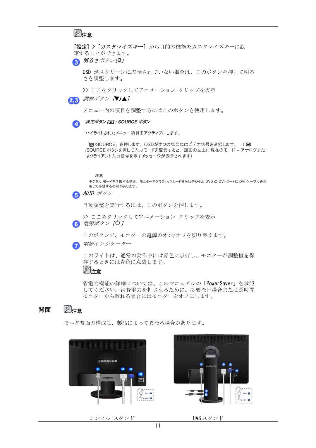 Samsung LS24MYKKBQ/XSJ manual 背面 注意, 明るさボタン 