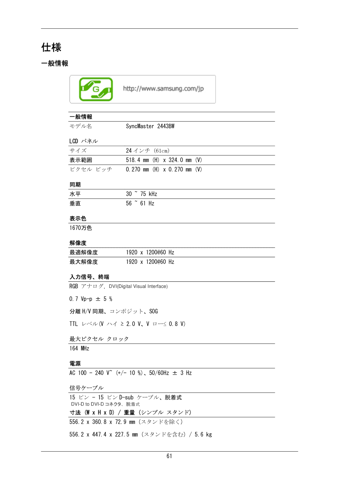 Samsung LS24MYKKBQ/XSJ manual 一般情報, 入力信号、終端 