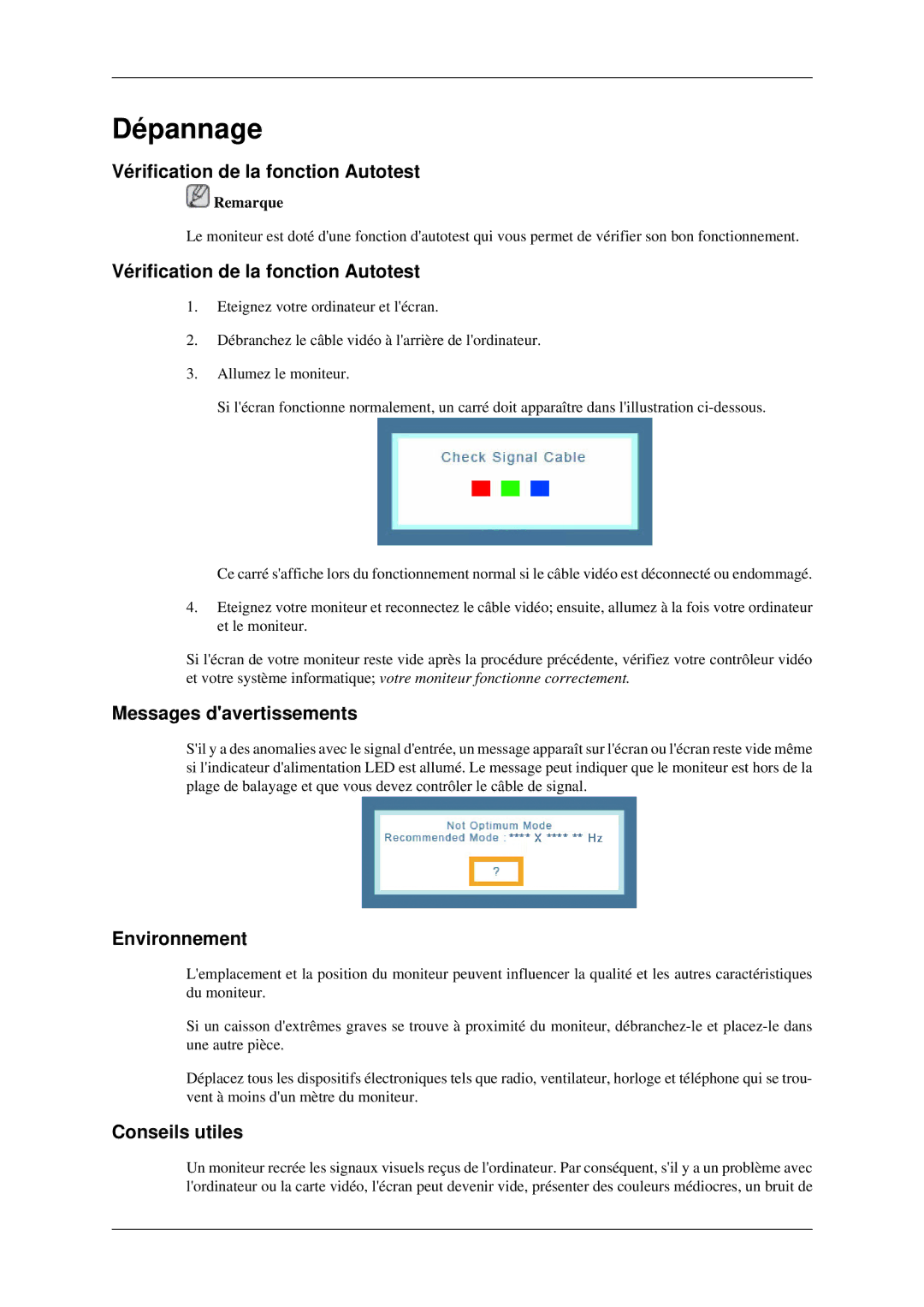 Samsung LS24MYNKBBA/EN Vérification de la fonction Autotest, Messages davertissements, Environnement, Conseils utiles 