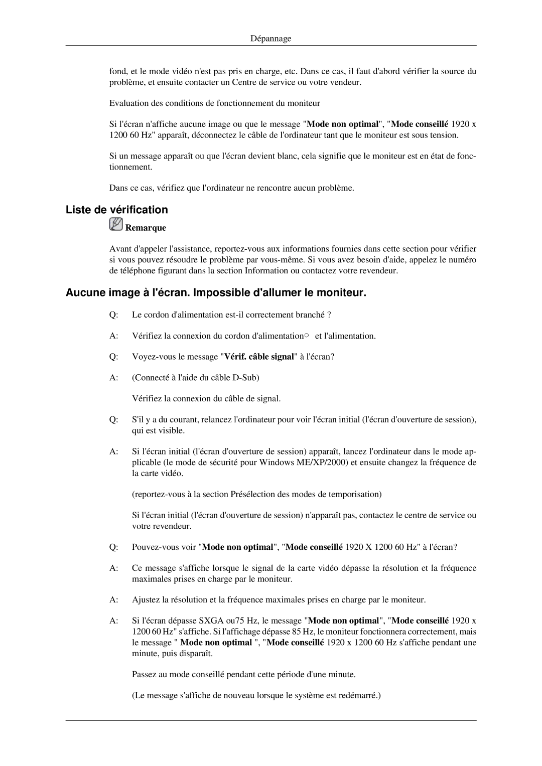 Samsung LS24MYNKBB/EDC, LS24MYNKBBA/EN manual Liste de vérification, Aucune image à lécran. Impossible dallumer le moniteur 