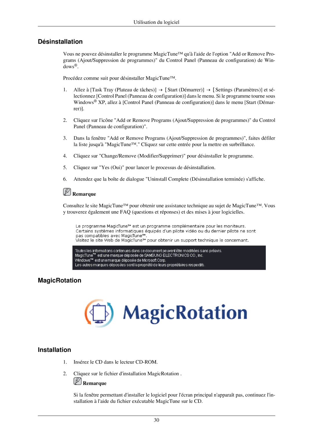 Samsung LS24MYNKBB/EDC, LS24MYNKBBA/EN manual Désinstallation, MagicRotation Installation 