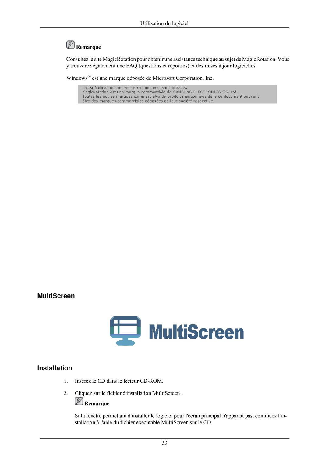 Samsung LS24MYNKBBA/EN, LS24MYNKBB/EDC manual MultiScreen Installation, Remarque 