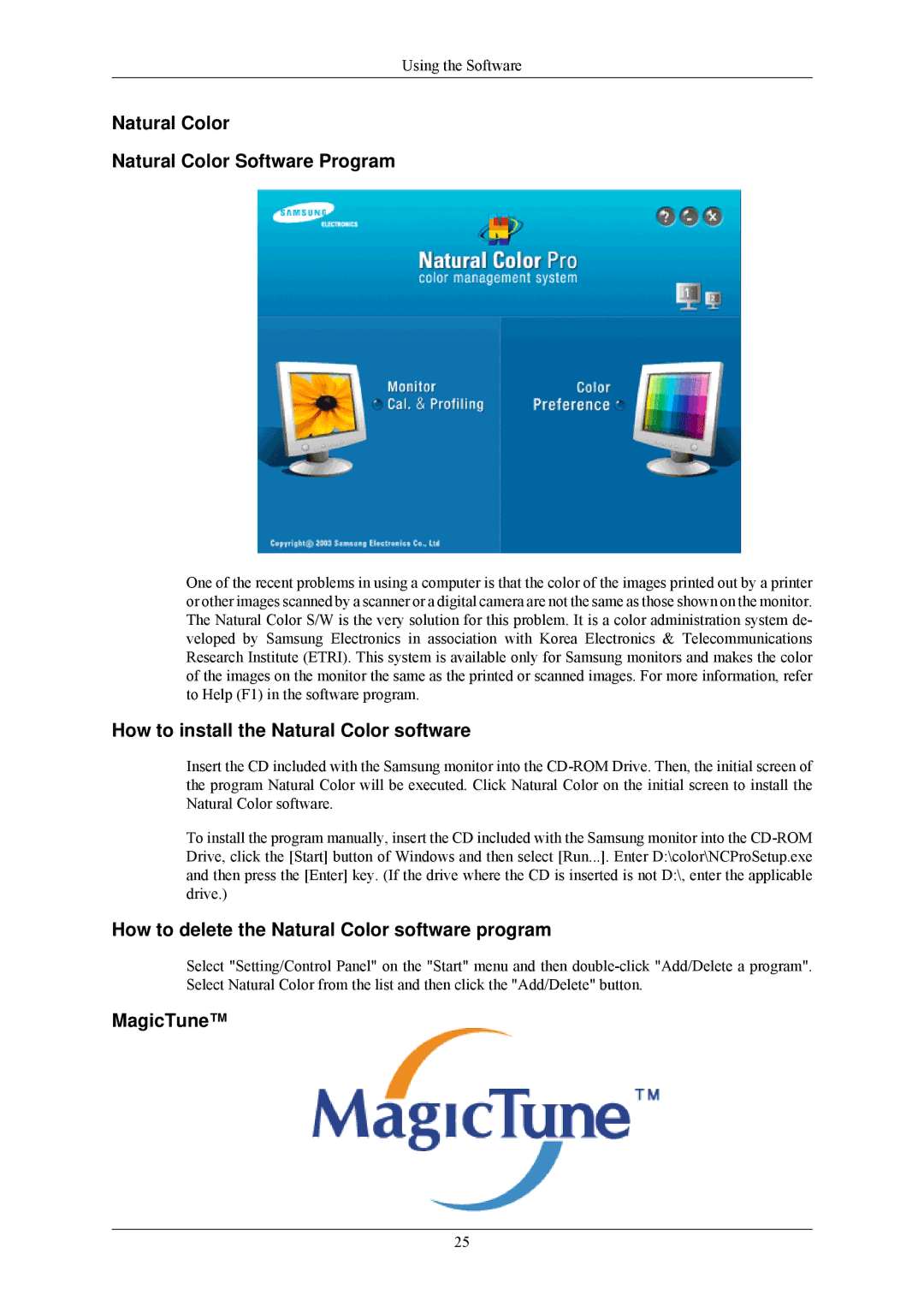 Samsung LS24MYNKBBA/EN Natural Color Natural Color Software Program, How to install the Natural Color software, MagicTune 