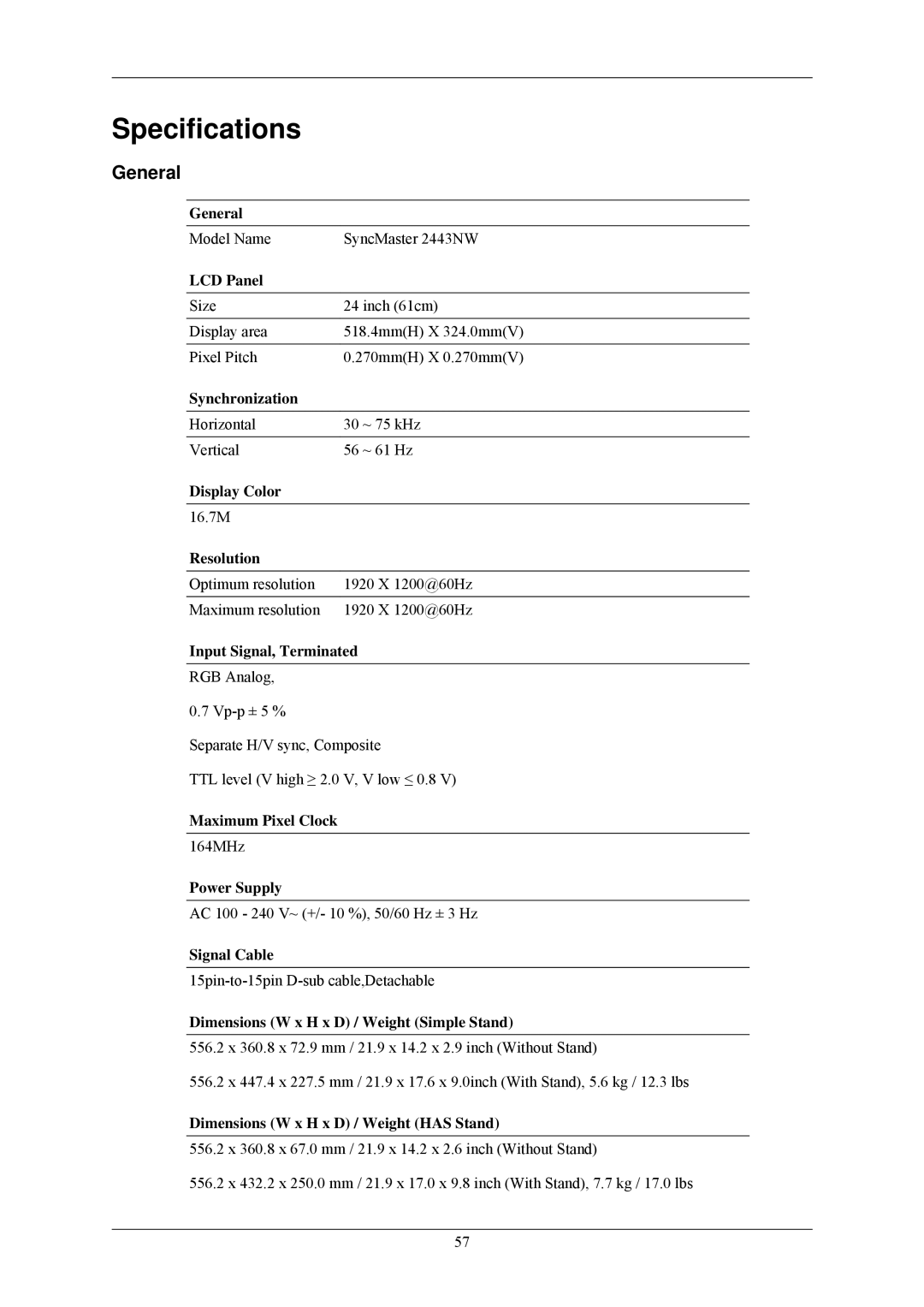 Samsung LS24MYNKBBA/EN, LS24MYNKBB/EDC manual Specifications, General 