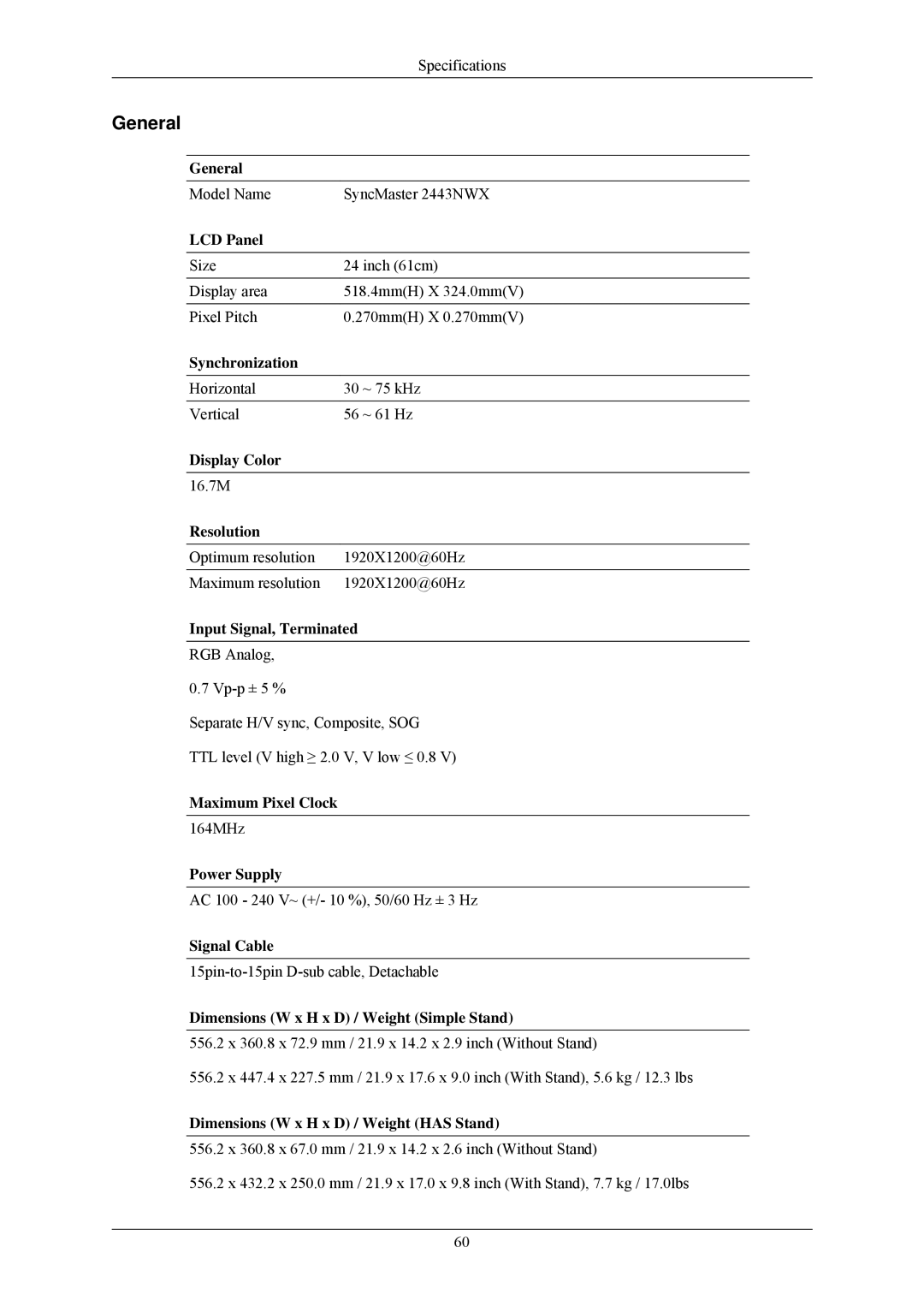 Samsung LS24MYNKBB/EDC, LS24MYNKBBA/EN manual Model Name SyncMaster 2443NWX 