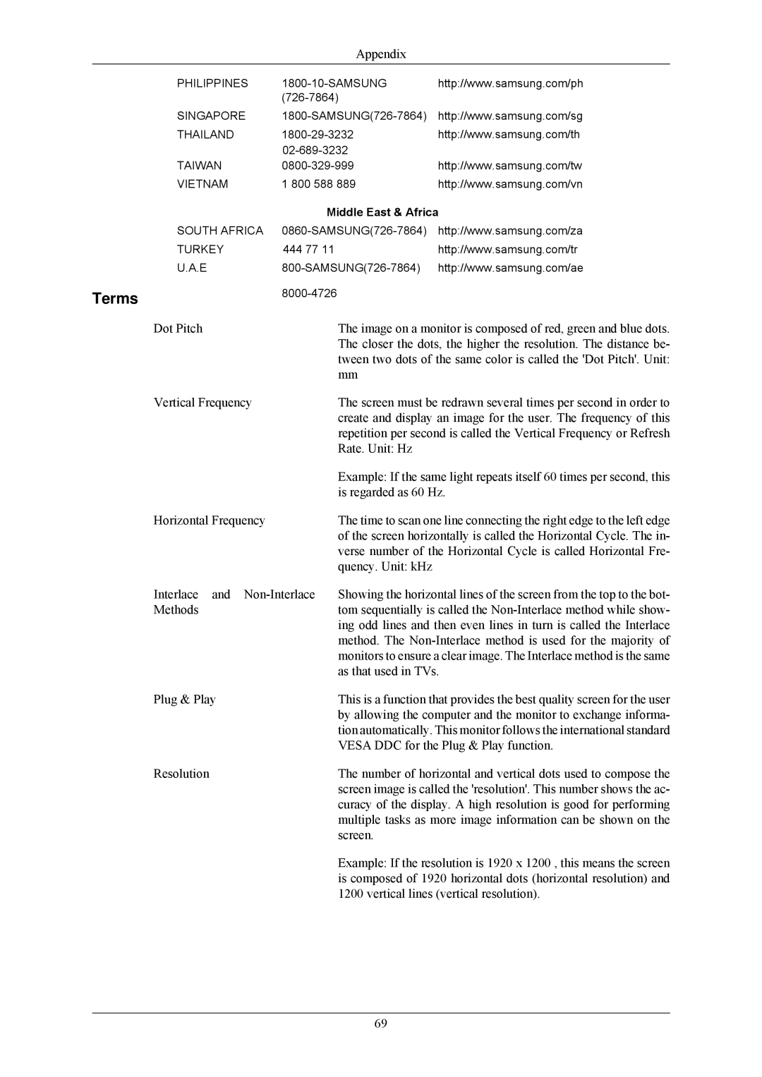 Samsung LS24MYNKBBA/EN, LS24MYNKBB/EDC manual Terms, 726-7864Asia Pacific, Middle East & Africa 