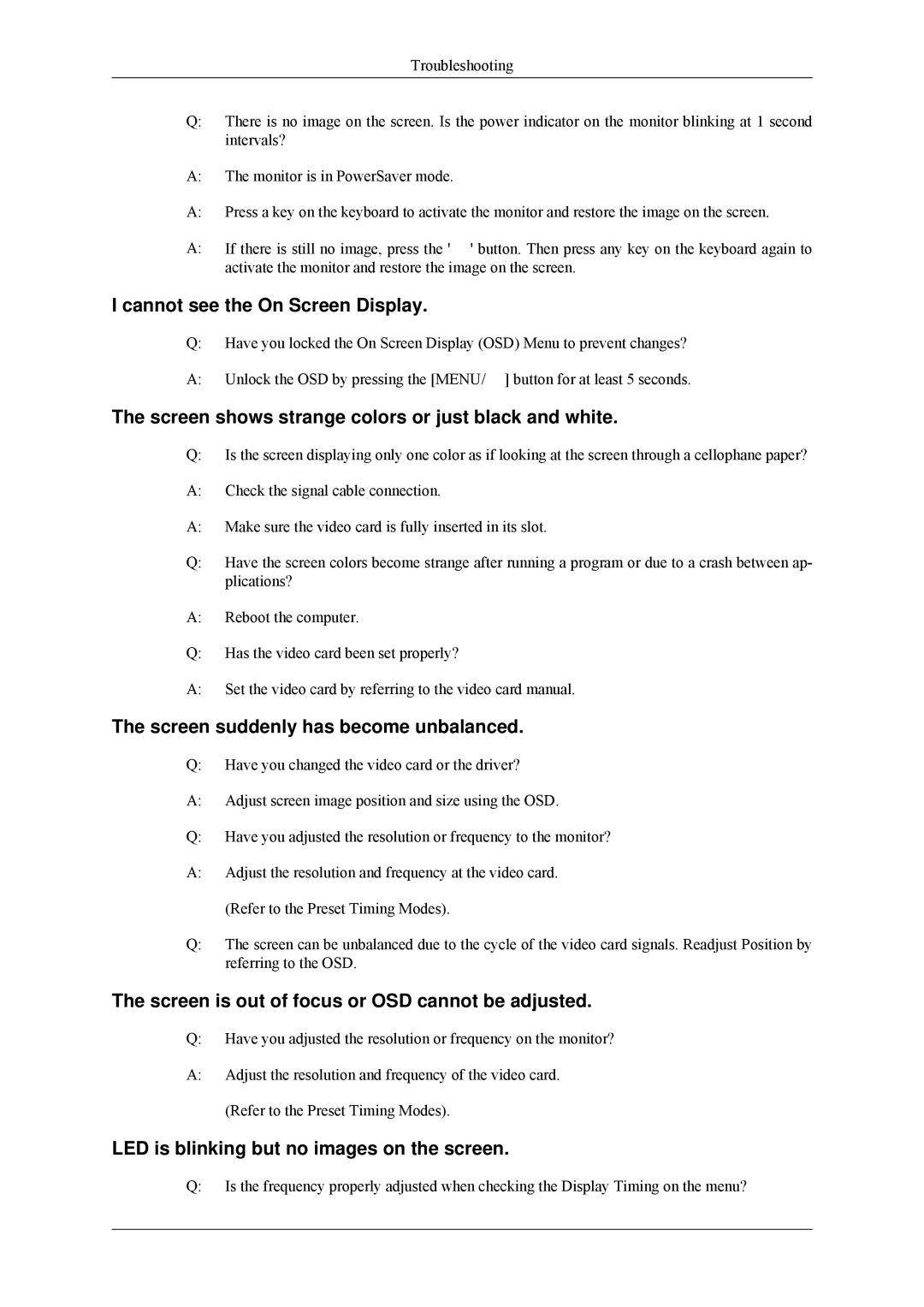 Samsung LS24MYNKBB/EDC manual Cannot see the On Screen Display, Screen shows strange colors or just black and white 