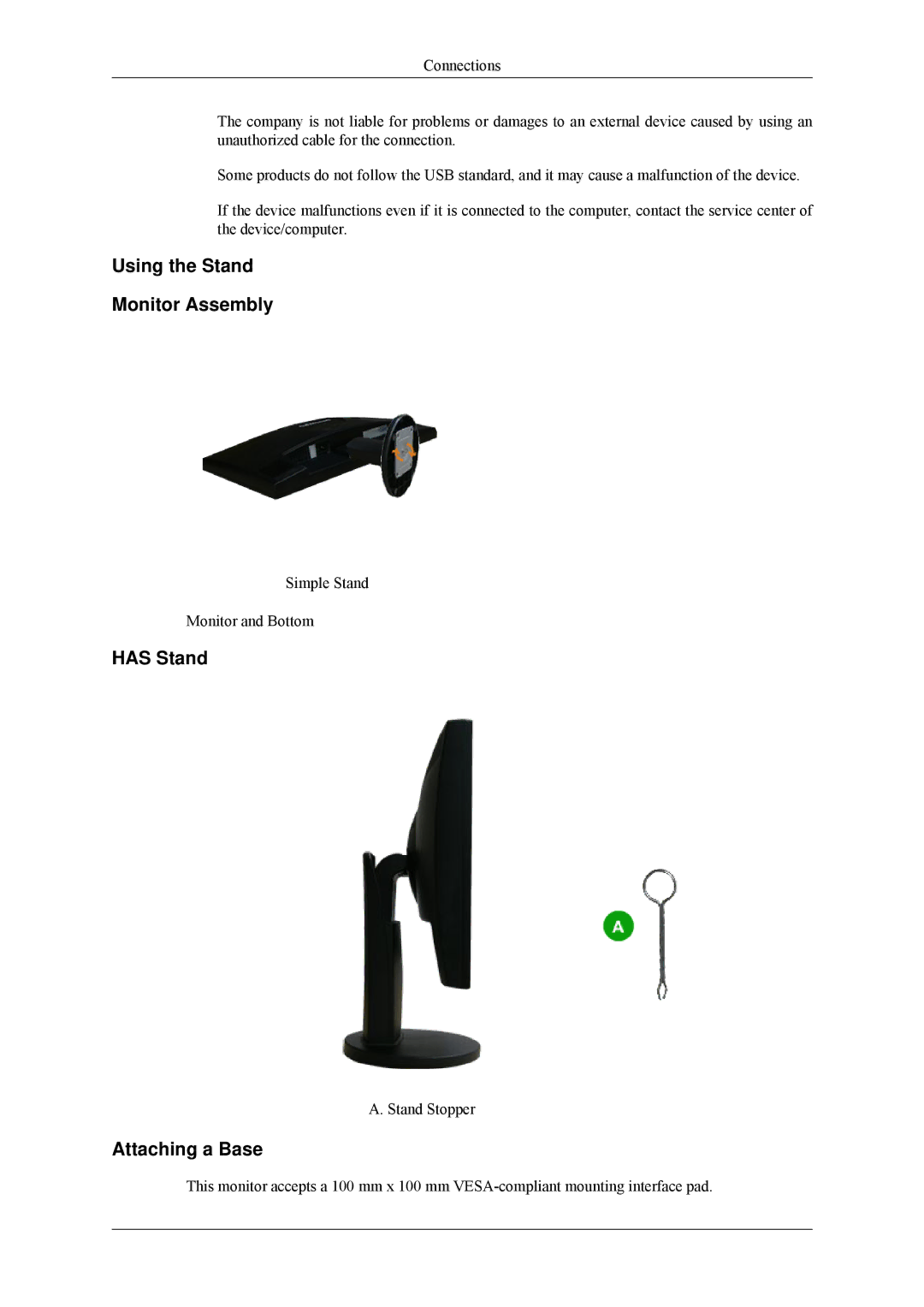 Samsung LS24MYNKBB/EDC, LS24MYNKBBA/EN manual Using the Stand Monitor Assembly, Has Stand, Attaching a Base 