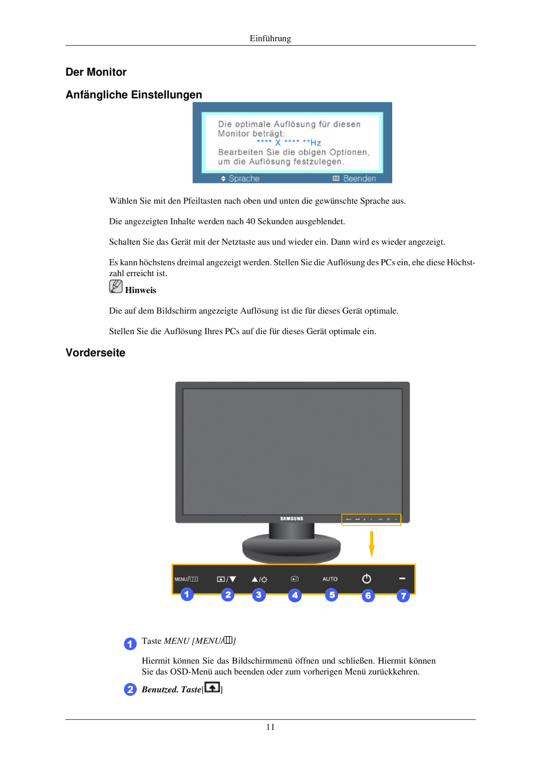 Samsung LS24MYNKBBA/EN, LS24MYNKBB/EDC manual Der Monitor Anfängliche Einstellungen, Vorderseite 