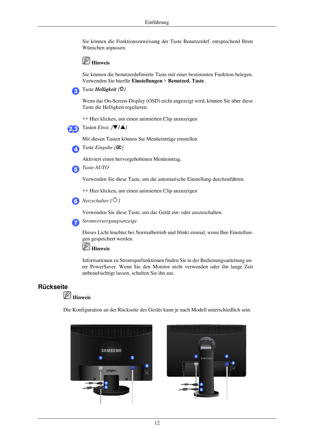 Samsung LS24MYNKBB/EDC, LS24MYNKBBA/EN manual Rückseite, Taste Helligkeit 