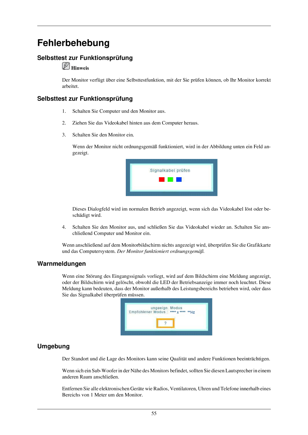 Samsung LS24MYNKBBA/EN, LS24MYNKBB/EDC manual Fehlerbehebung, Selbsttest zur Funktionsprüfung, Warnmeldungen, Umgebung 