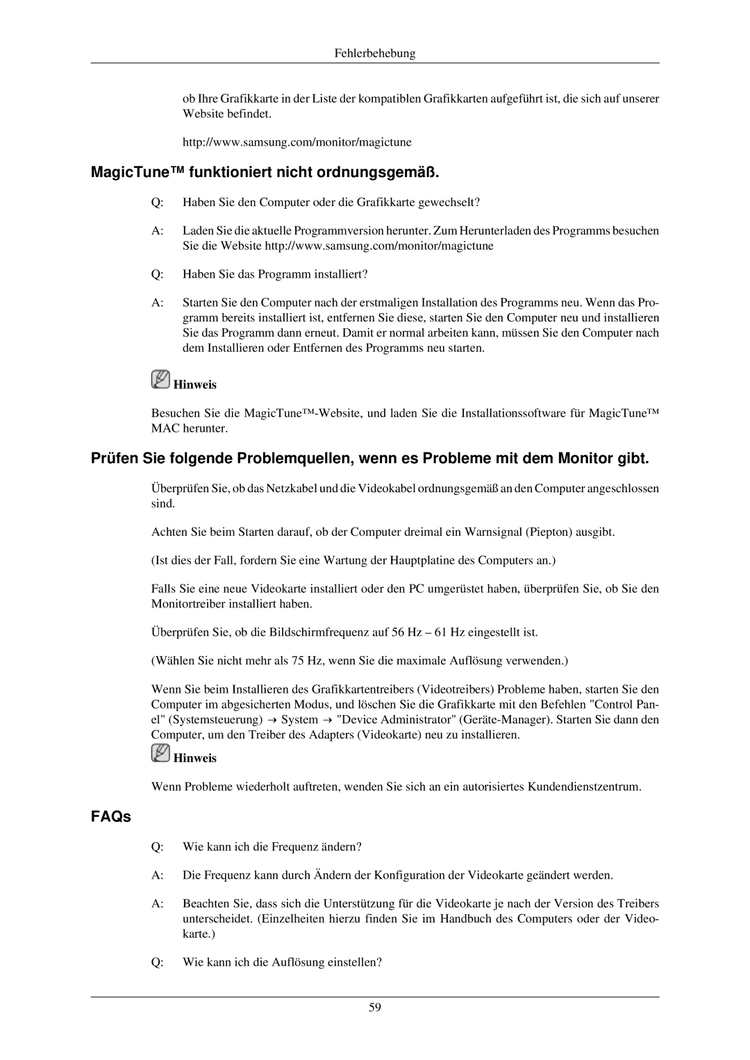 Samsung LS24MYNKBBA/EN, LS24MYNKBB/EDC manual MagicTune funktioniert nicht ordnungsgemäß, FAQs 