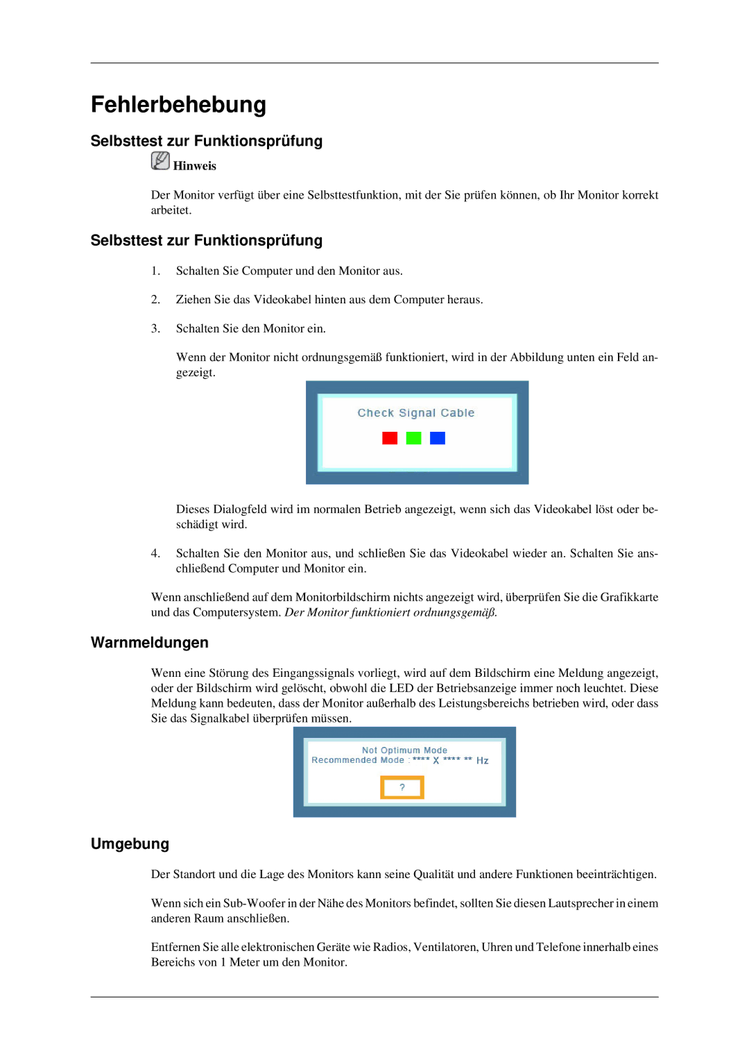 Samsung LS24MYNKBBA/EN, LS24MYNKBB/EDC manual Selbsttest zur Funktionsprüfung, Warnmeldungen, Umgebung 