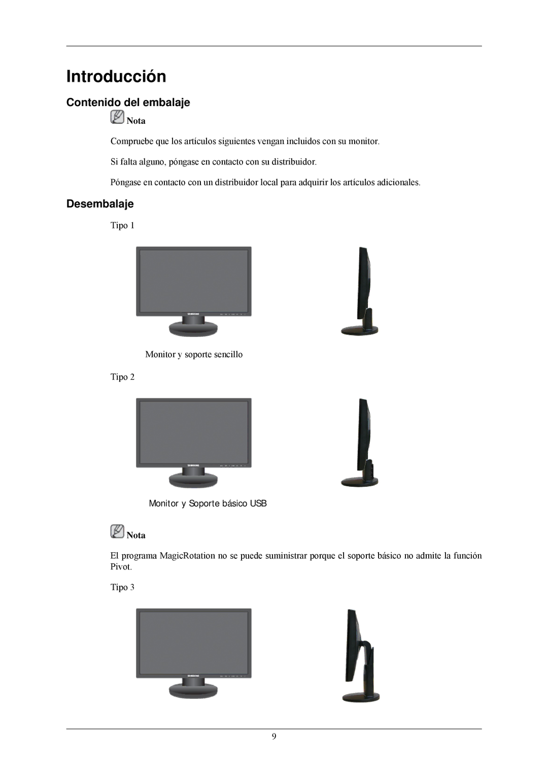 Samsung LS24MYNKBBA/EN, LS24MYNKBB/EDC manual Introducción, Contenido del embalaje, Desembalaje 