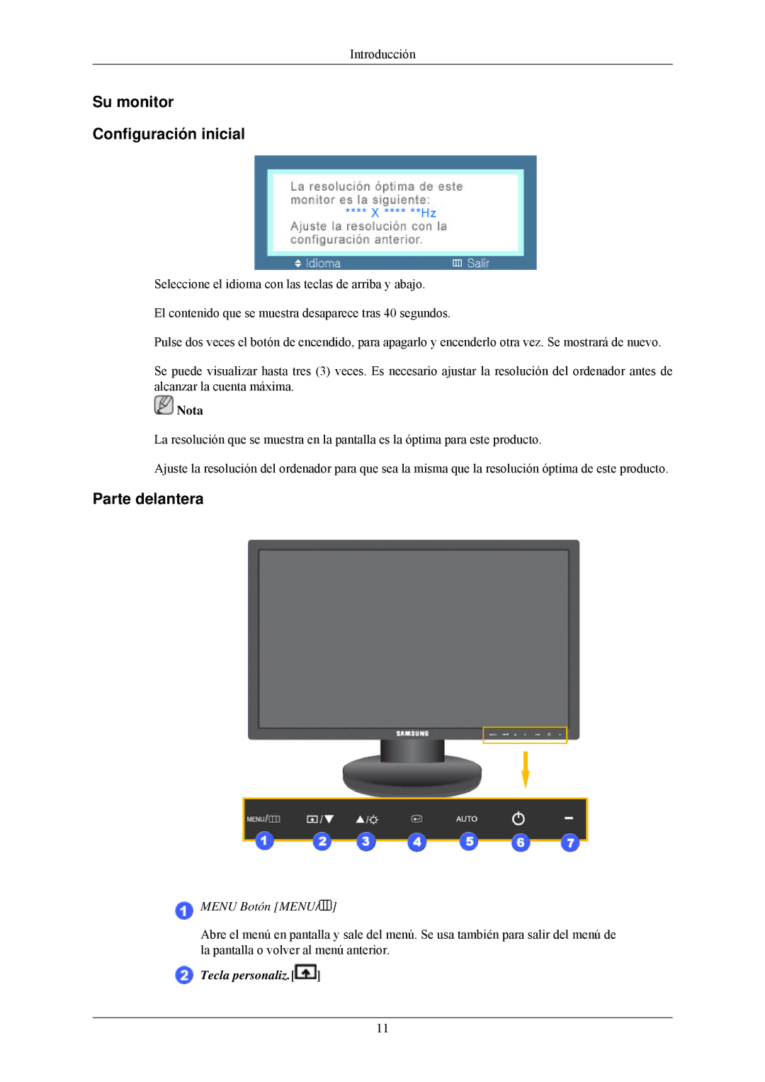 Samsung LS24MYNKBBA/EN, LS24MYNKBB/EDC manual Su monitor Configuración inicial, Parte delantera 