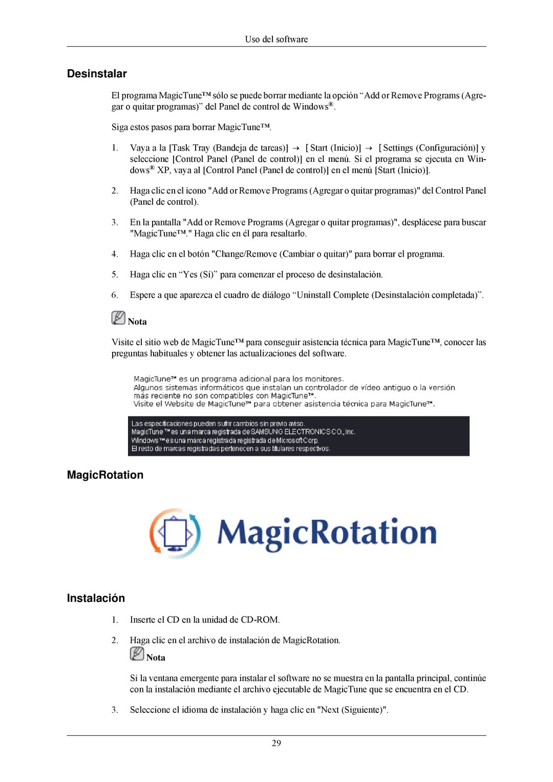 Samsung LS24MYNKBBA/EN, LS24MYNKBB/EDC manual Desinstalar, MagicRotation Instalación 