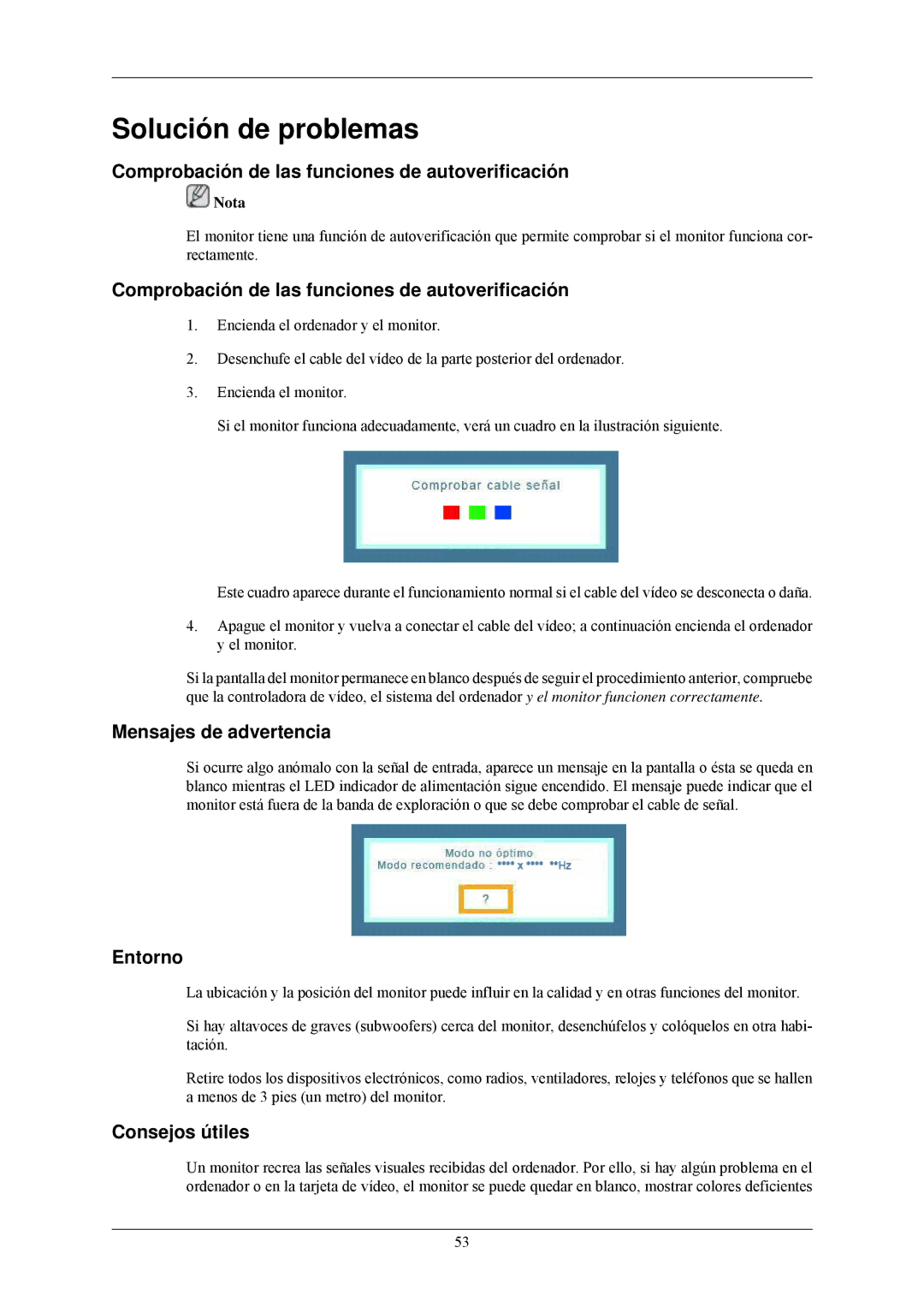 Samsung LS24MYNKBBA/EN Solución de problemas, Comprobación de las funciones de autoverificación, Mensajes de advertencia 