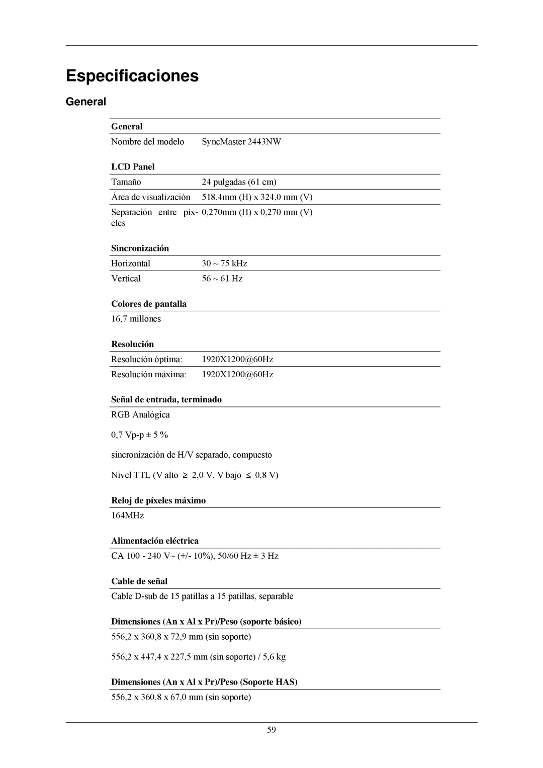 Samsung LS24MYNKBBA/EN, LS24MYNKBB/EDC manual Especificaciones, General 