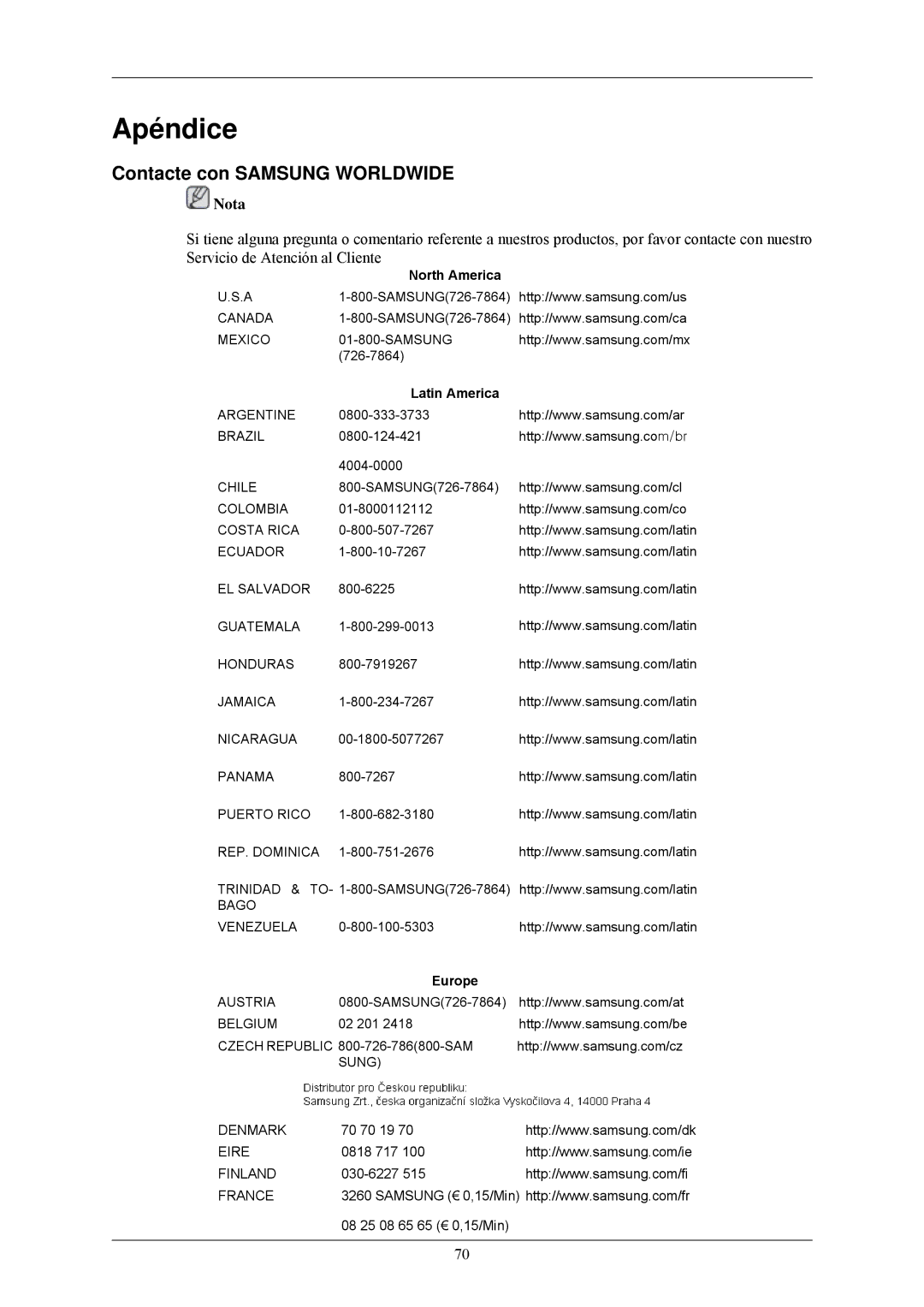 Samsung LS24MYNKBB/EDC, LS24MYNKBBA/EN manual Apéndice, Contacte con Samsung Worldwide 