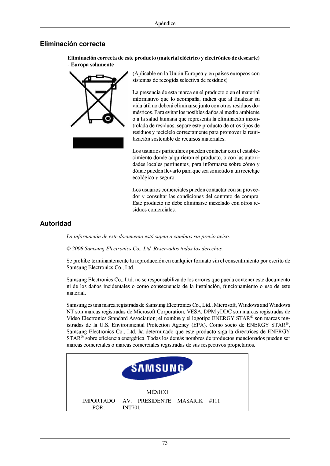 Samsung LS24MYNKBBA/EN, LS24MYNKBB/EDC manual Eliminación correcta, Autoridad 