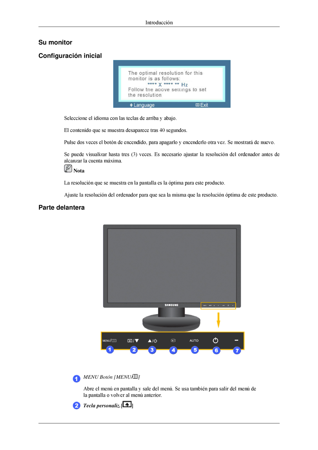 Samsung LS24MYNKBBA/EN, LS24MYNKBB/EDC manual Su monitor Configuración inicial, Parte delantera 