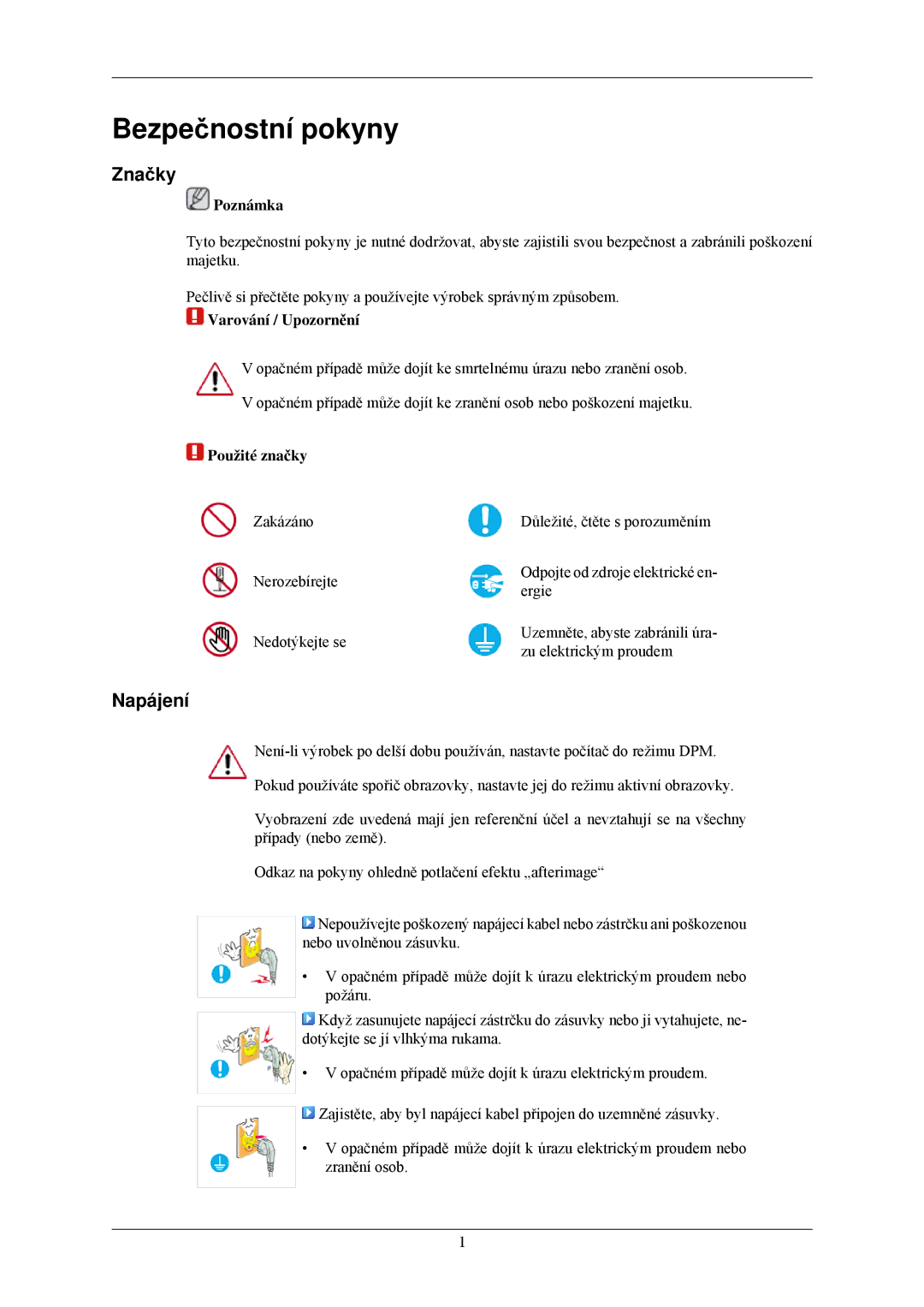 Samsung LS24MYNKBBA/EN, LS24MYNKBB/EDC manual Bezpečnostní pokyny, Značky, Napájení 