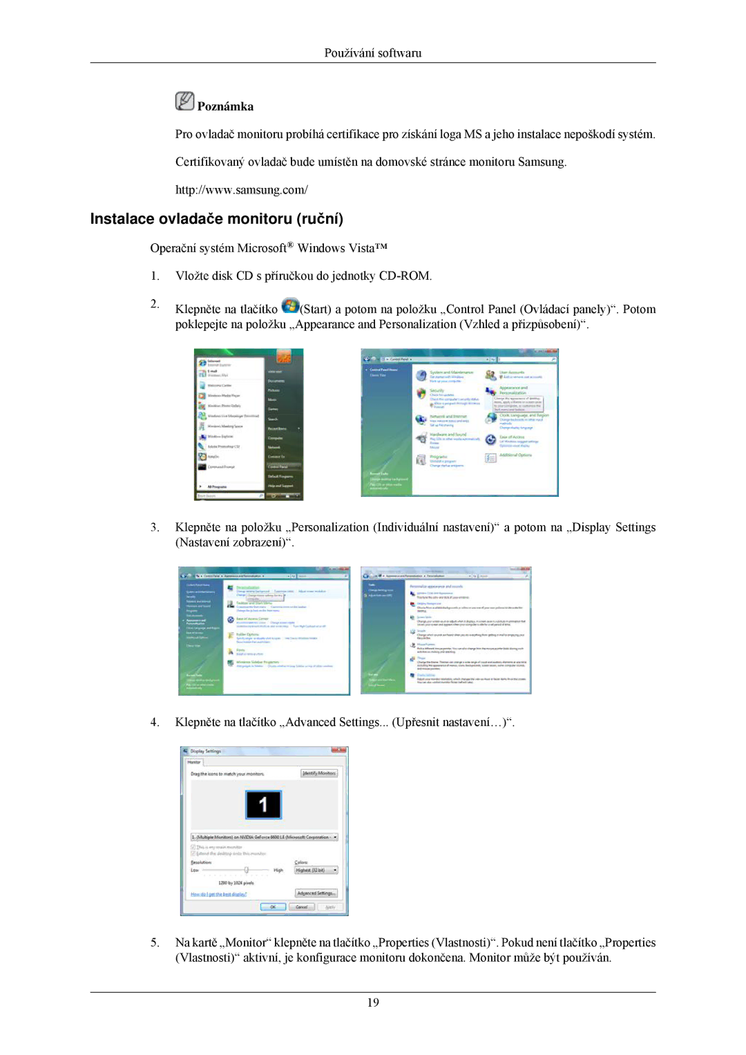 Samsung LS24MYNKBBA/EN, LS24MYNKBB/EDC manual Instalace ovladače monitoru ruční 