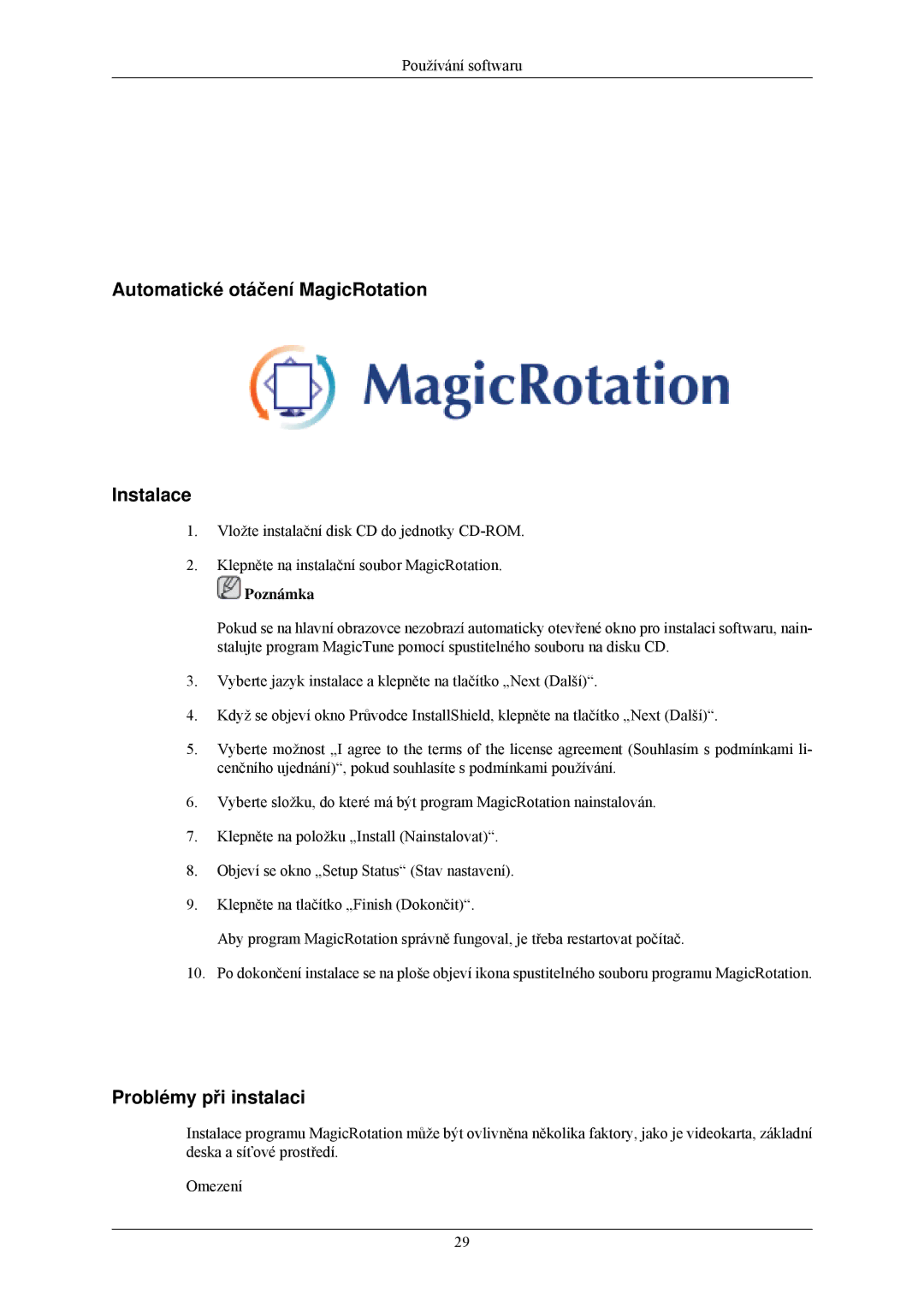 Samsung LS24MYNKBBA/EN, LS24MYNKBB/EDC manual Automatické otáčení MagicRotation Instalace 