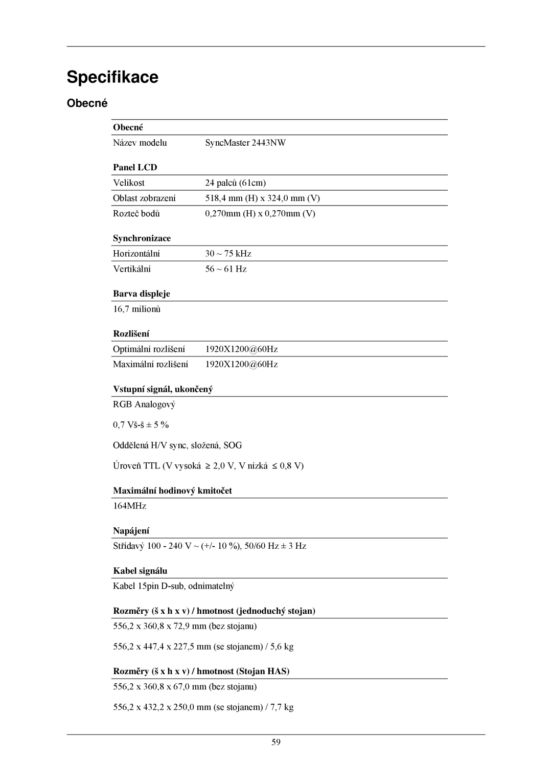 Samsung LS24MYNKBBA/EN, LS24MYNKBB/EDC manual Specifikace, Obecné 