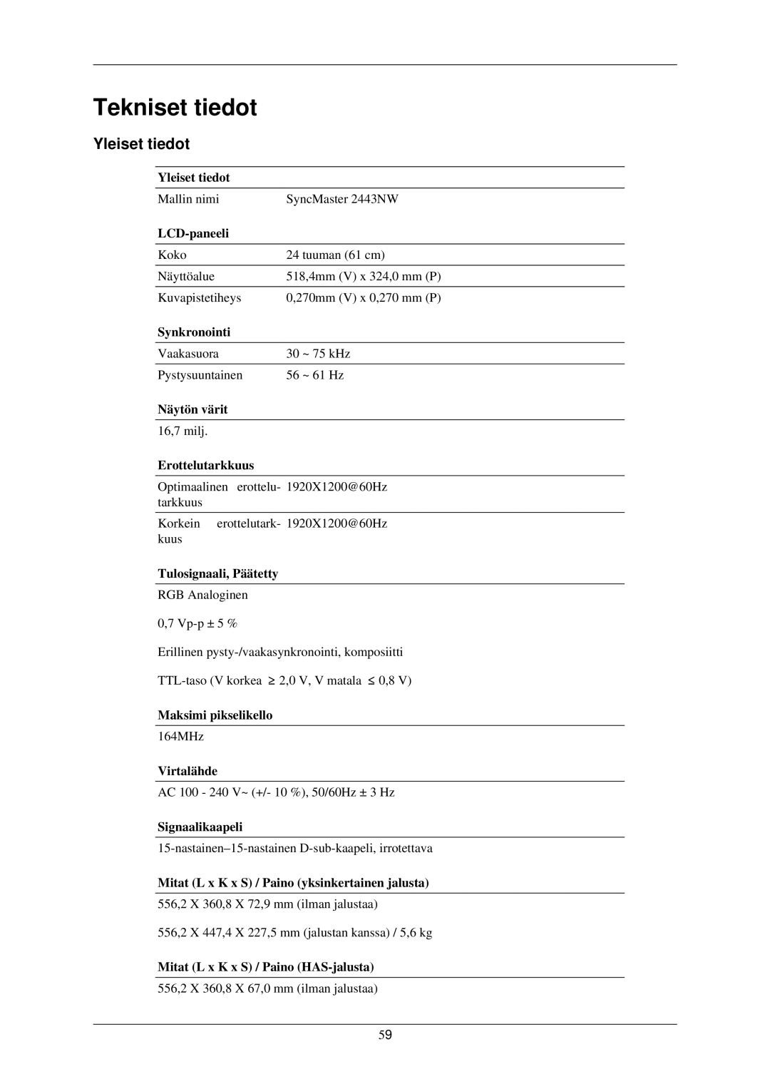 Samsung LS24MYNKBBA/EN, LS24MYNKBB/EDC manual Tekniset tiedot, Yleiset tiedot 