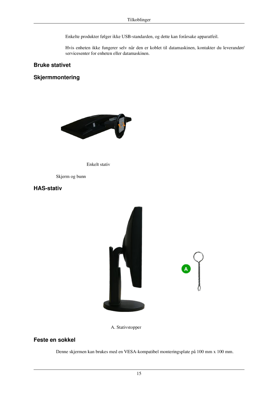 Samsung LS24MYNKBBA/EN, LS24MYNKBB/EDC manual Bruke stativet Skjermmontering, HAS-stativ, Feste en sokkel 