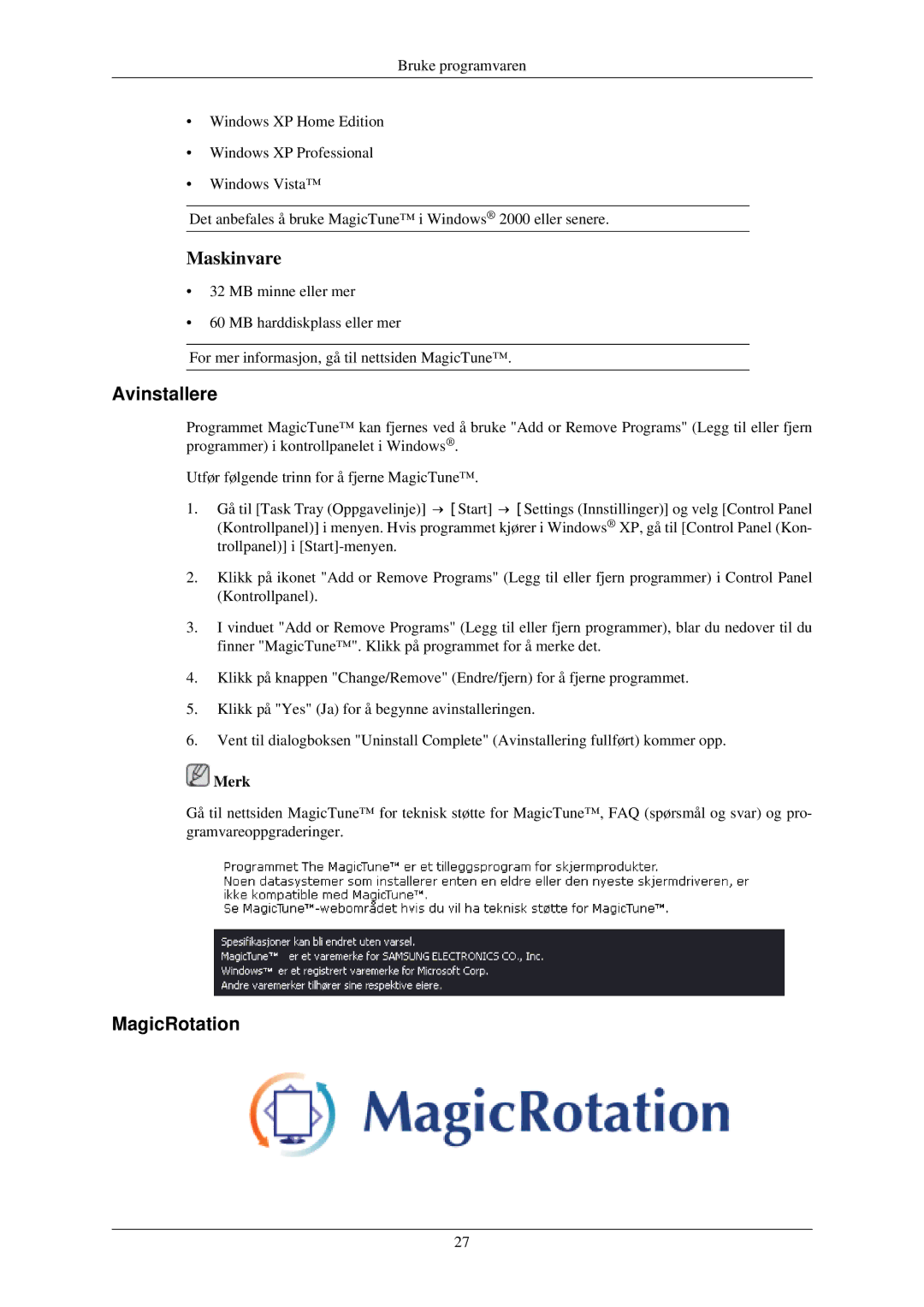 Samsung LS24MYNKBBA/EN, LS24MYNKBB/EDC manual Avinstallere, MagicRotation 