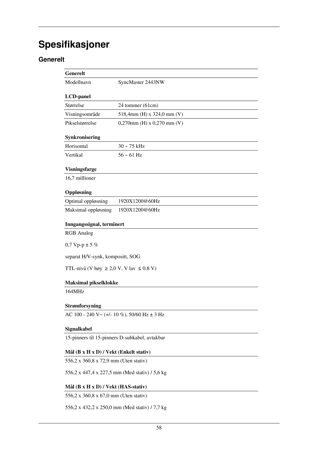 Samsung LS24MYNKBB/EDC, LS24MYNKBBA/EN manual Spesifikasjoner, Generelt 