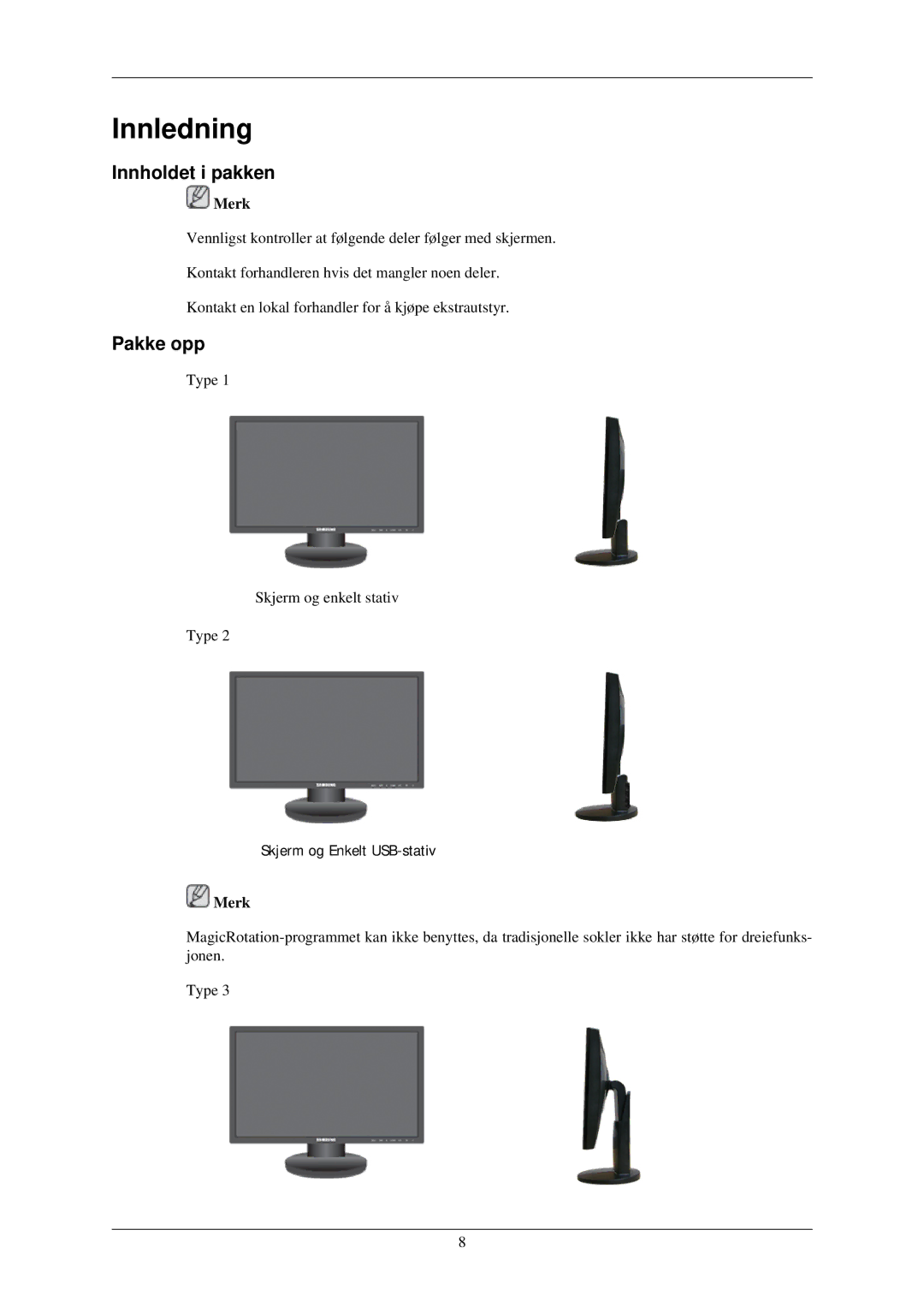 Samsung LS24MYNKBB/EDC, LS24MYNKBBA/EN manual Innledning, Innholdet i pakken, Pakke opp 