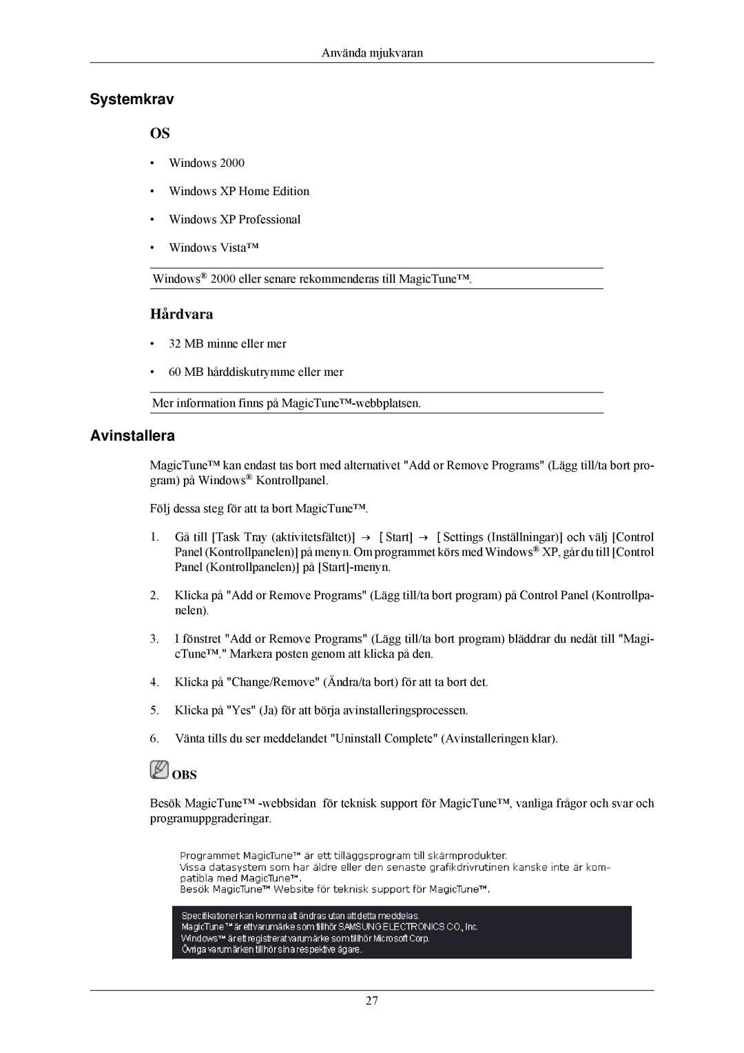 Samsung LS24MYNKBBA/EN, LS24MYNKBB/EDC manual Systemkrav, Avinstallera 