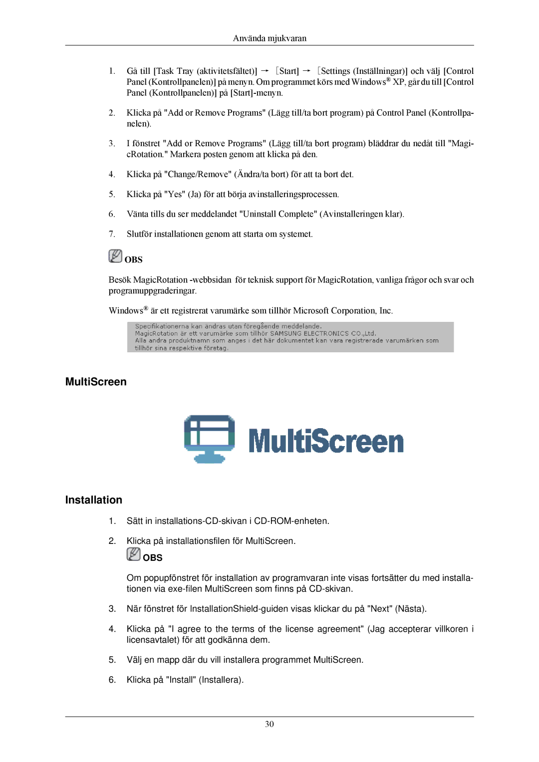 Samsung LS24MYNKBB/EDC, LS24MYNKBBA/EN manual MultiScreen Installation, Obs 