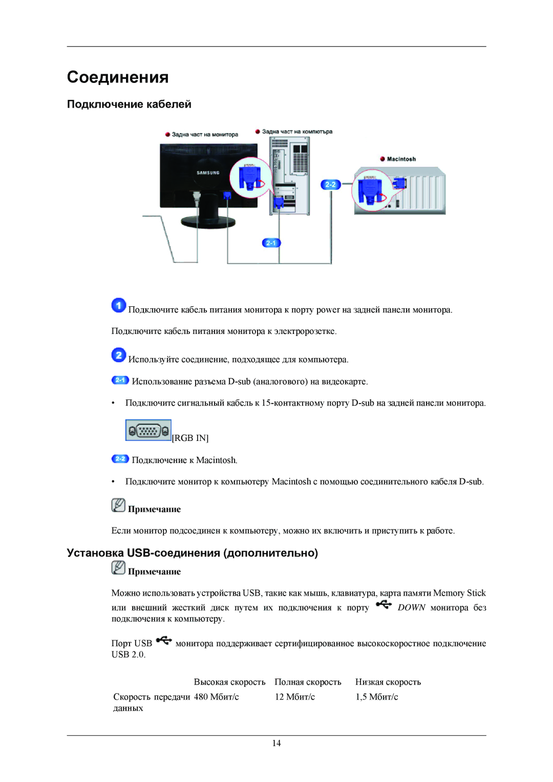 Samsung LS24MYNKBB/EDC, LS24MYNKBBA/EN manual Соединения, Подключение кабелей, Установка USB-соединения дополнительно 