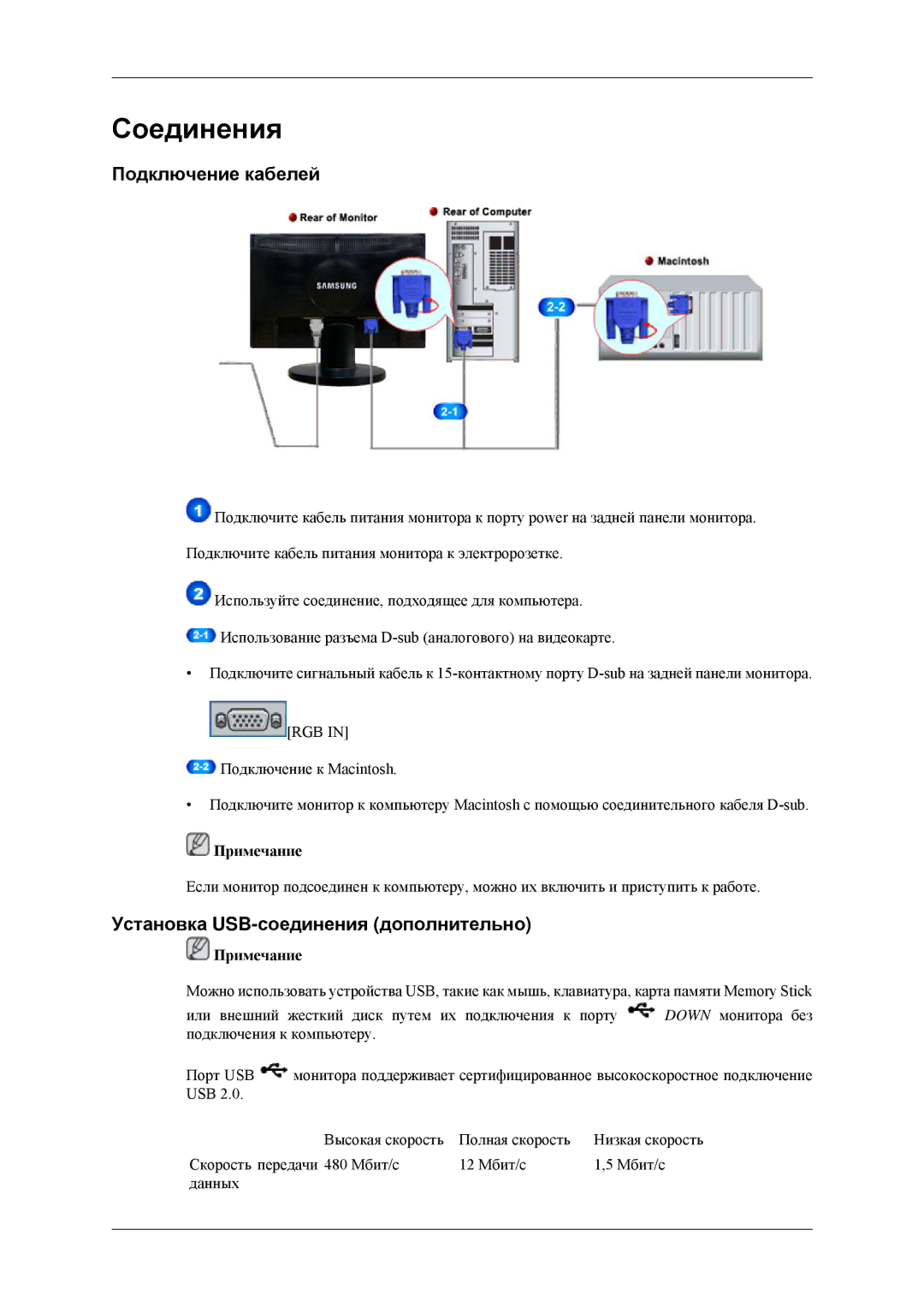 Samsung LS24MYNKBB/EDC, LS24MYNKBBA/EN manual Подключение кабелей, Установка USB-соединения дополнительно 