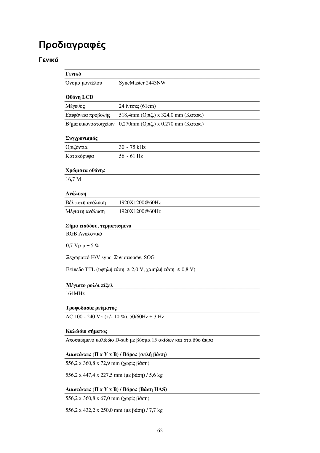 Samsung LS24MYNKBB/EDC, LS24MYNKBBA/EN manual Προδιαγραφές, Γενικά 