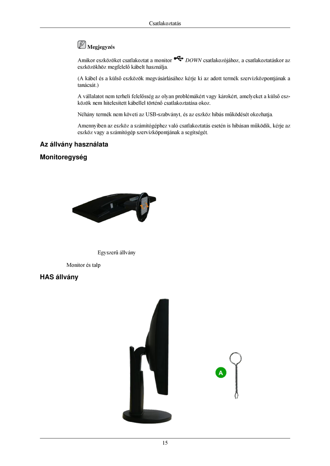 Samsung LS24MYNKBBA/EN, LS24MYNKBB/EDC manual Az állvány használata Monitoregység, Has állvány 